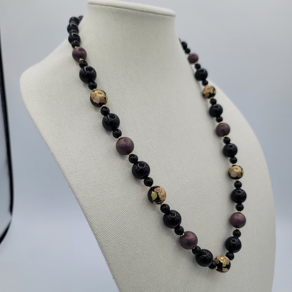 Vintage Necklace Handpainted Japan Black Purple Floral Necklace #581 - Picture 4 of 12